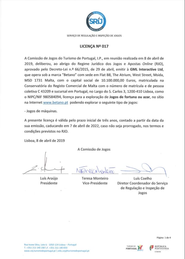 Licença do Online CasinoBetano Certificado de Licença SRIJ do Betano Casino Online