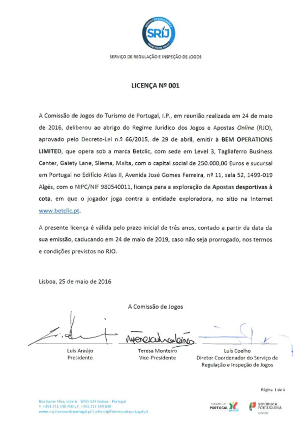 Certificado de Licença SRIJ do Betclic Casino Online