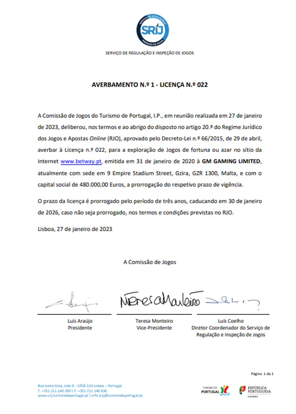 Licença do Online Casino Betway Certificado de Licença SRIJ do Betway.PT Casino Online