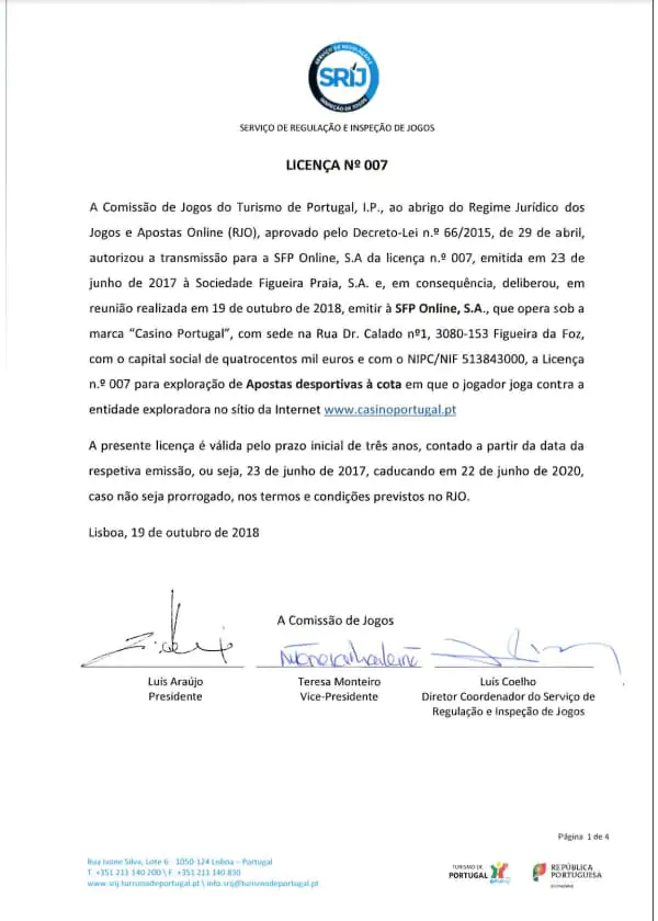 Certificado de Licença SRIJ do CasinoPortugal Online