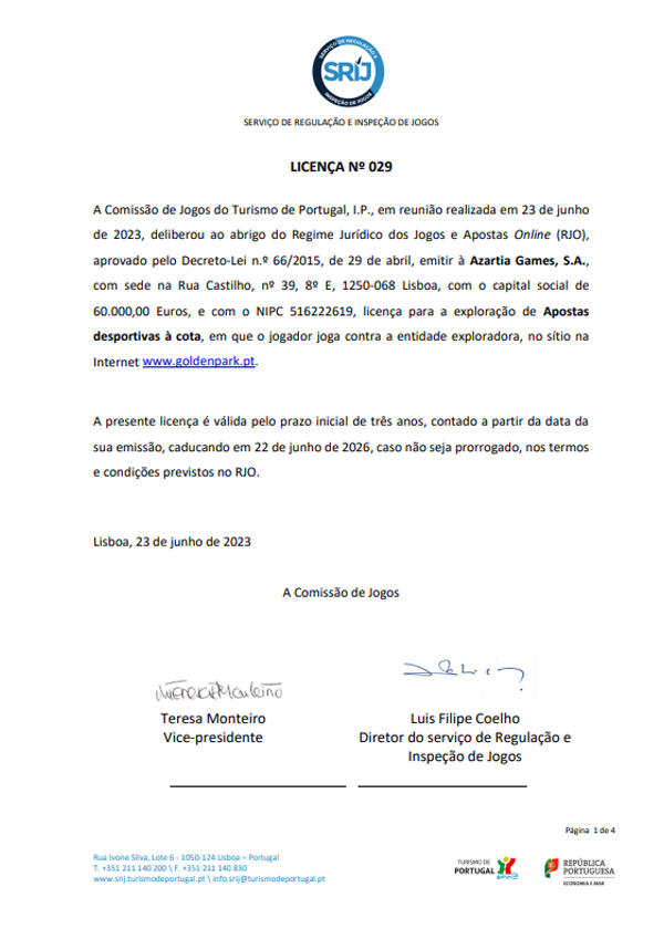 Licença do Online Casino goldenpark Certificado de Licença SRIJ do goldenpark Casino Online