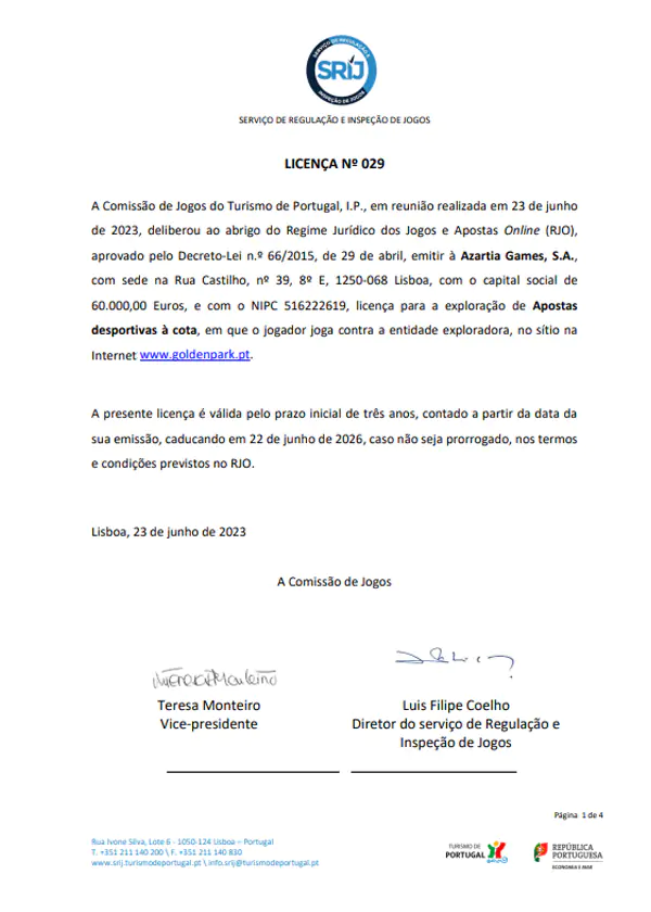 Certificado de Licença SRIJ do goldenpark Casino Online