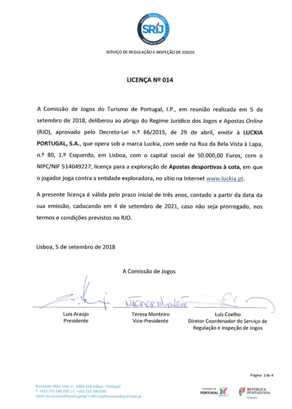 Licença do Online Casino Luckia Certificado de Licença SRIJ do Luckia Casino Online