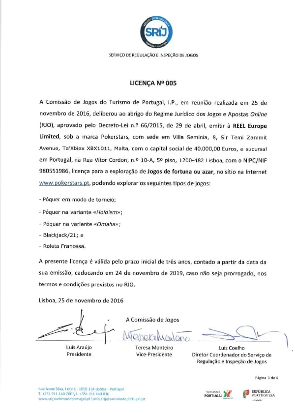 Certificado de Licença SRIJ do pokerstars Casino Online