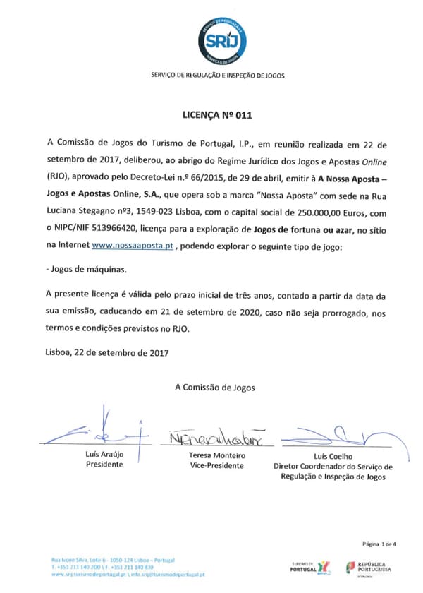 Licença do Online Casino Nossa Aposta Certificado de Licença SRIJ do NossaAposta Casino Online