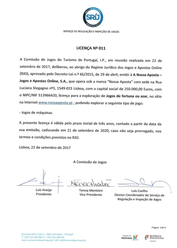 Certificado de Licença SRIJ do NossaAposta Casino Online
